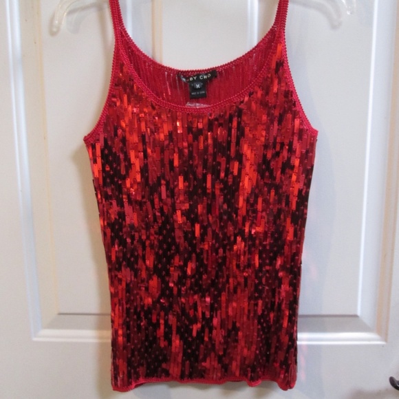 new RUBY CHO Red Sequins sexy blouse GREAT FOR CHRISTMAS Sz M - Picture 2 of 6